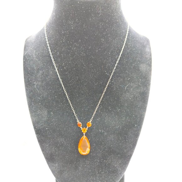 Antique Edwardian Sterling Necklace Orange Glass Teardrop Pendant c.1910s - Picture 3 of 5